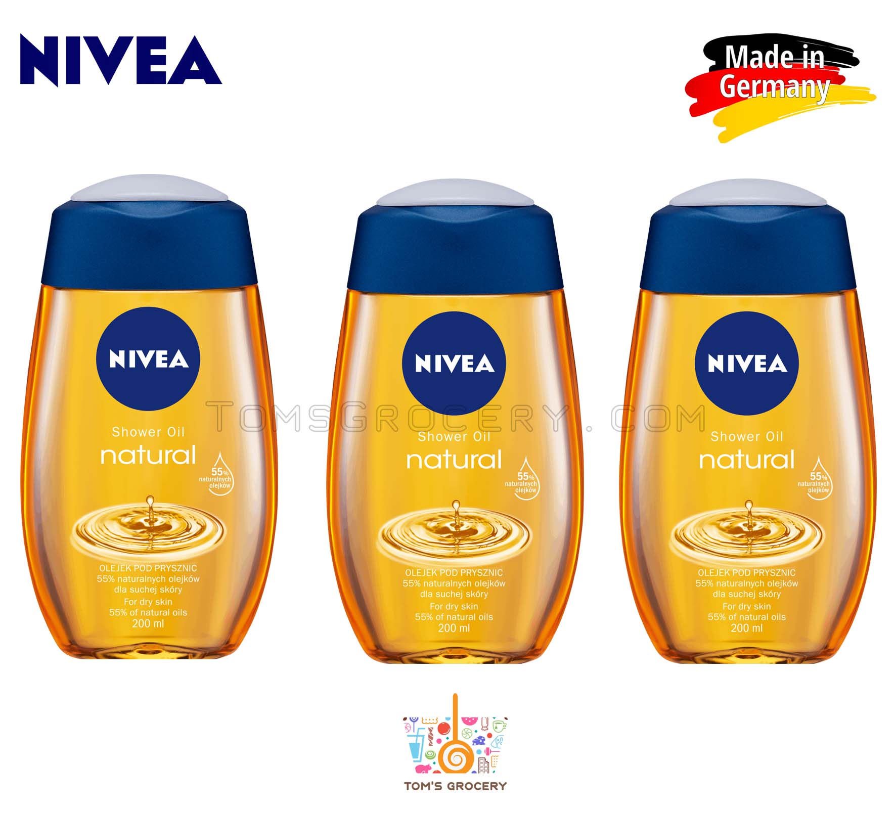 3 x NIVEA Natural Pampering Shower Oil For Dry Skin 200ml 6.7 fl. oz