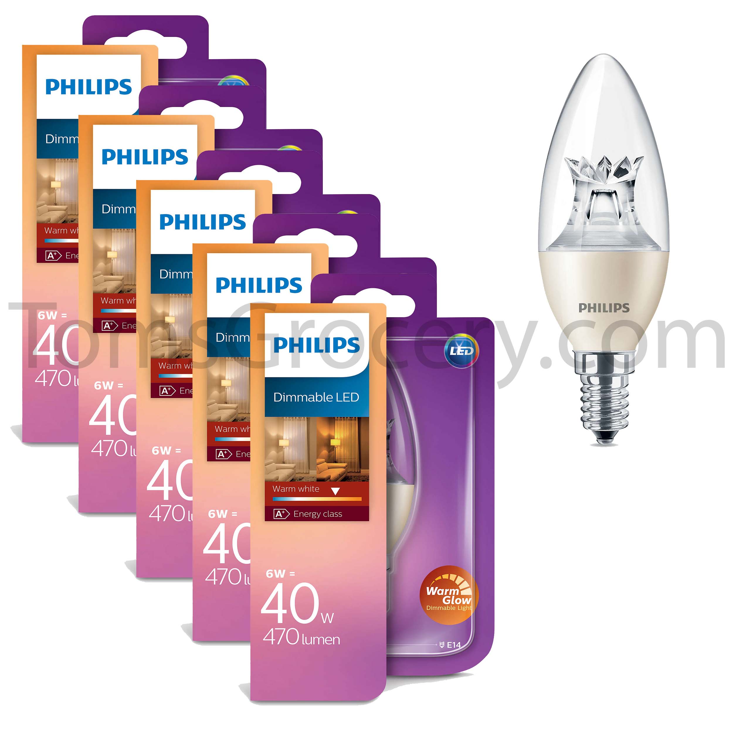 5 x Philips LED Candle 6W (40W) E14 Bulb Dimmable Warm Glow B38